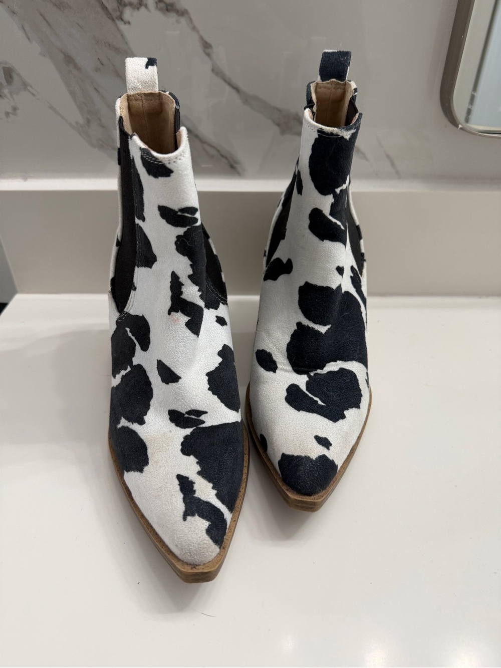 Cow-Print Pointed Toe Chelsea Ankle Boots in Black & White